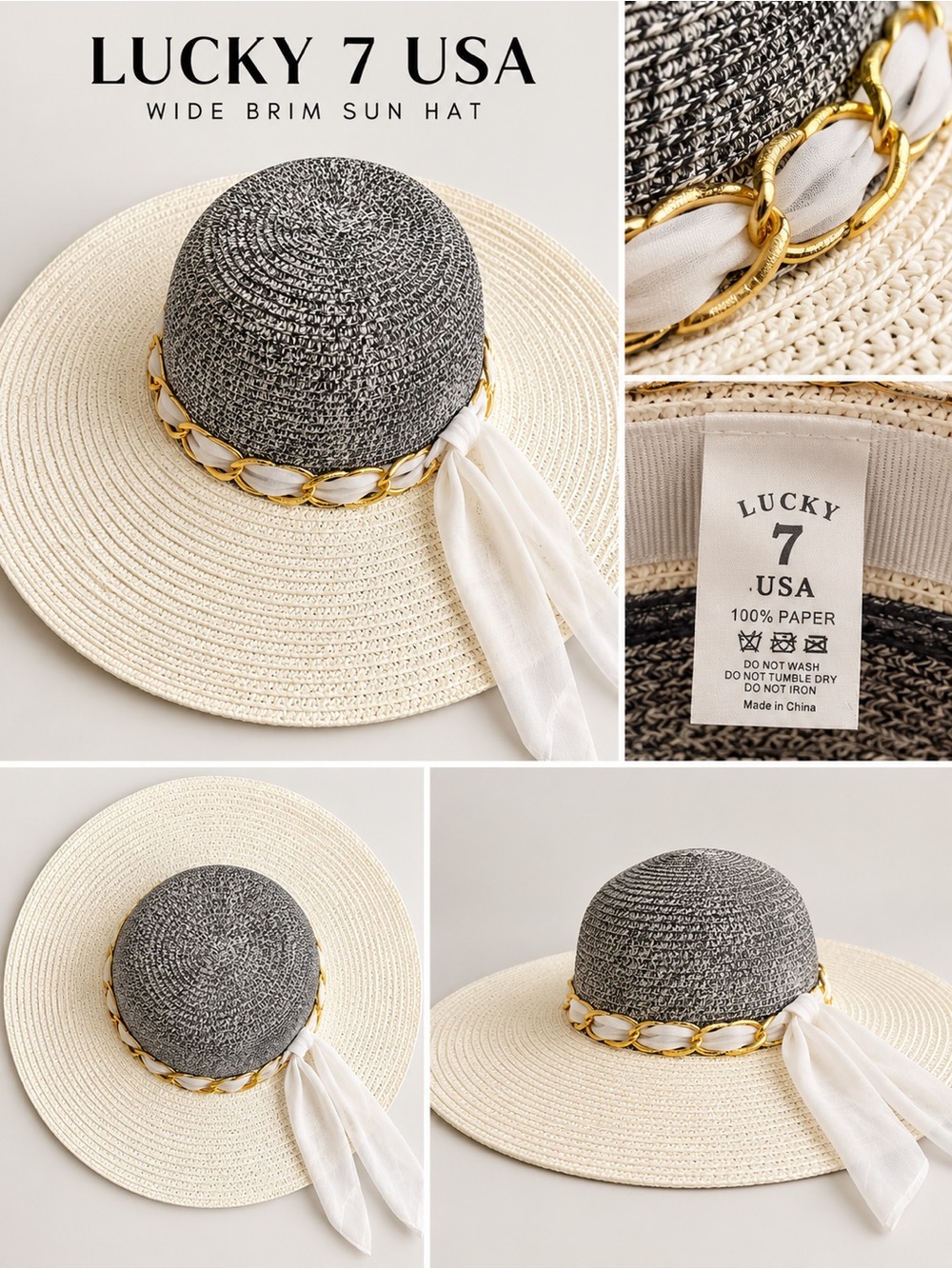 Lucky 7 USA Ivory Gray Wide Brim Sun Hat Gold Chain White Scarf 100% Paper